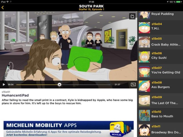 HumanCentipad gehört zu den abgedrehtesten South Park-Folgen. Über die kostenlose App seht Ihr alle Folgen kostenlos auf iPad und Co. 