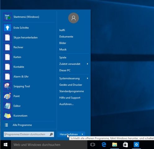 Mit Classic Shell holt Ihr das klassische Startmenü unter Windows 10 zurück - die Farbgebung richtet sich übrigens nach den Designeinstellungen von Windows 10