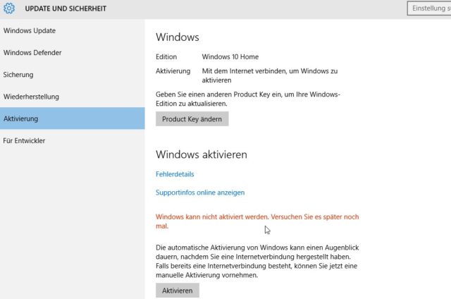Windows 10 keine Aktivierung