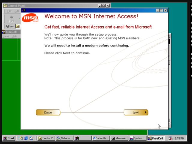 Trotz MSN und Co. kommt man mit dem virtuellen Windows 98 leider nicht ins Internet... 