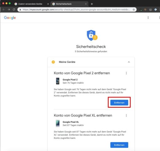 Google Konto Sicherheitscheck Zugriff entfernen