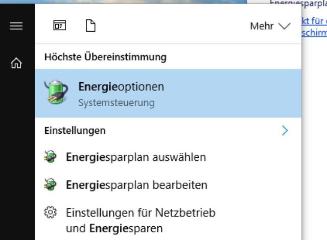 Windows 10 Energieoptionen