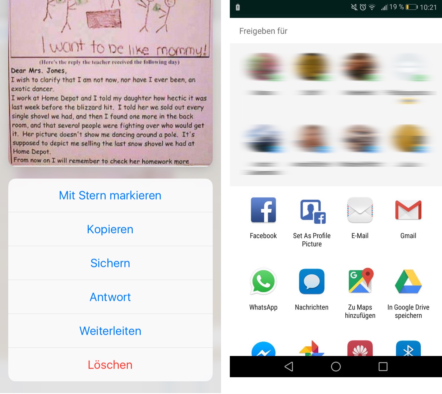 Links iPhone, rechts Android: So unterschiedlich der WhatsApp-Speicherdialog ist, so identisch die Vorgehensweise.