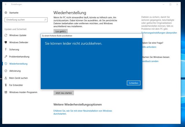 Windows 10 Update deinstallieren Fehler
