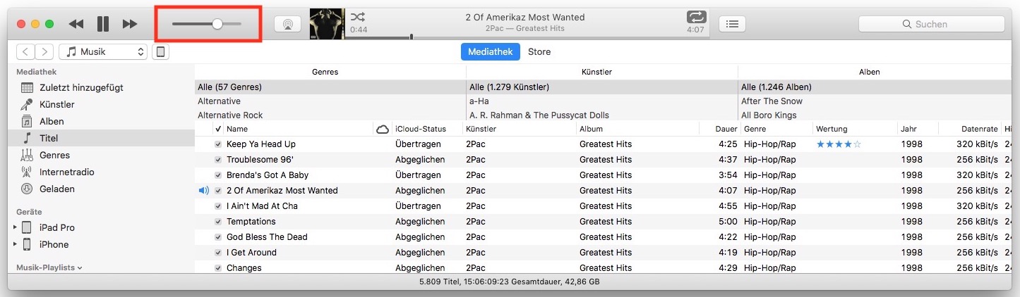 Auch iTunes erlaubt die Regelung der Lautstärke – und zwar unabhängig vom Gesamtsystem.
