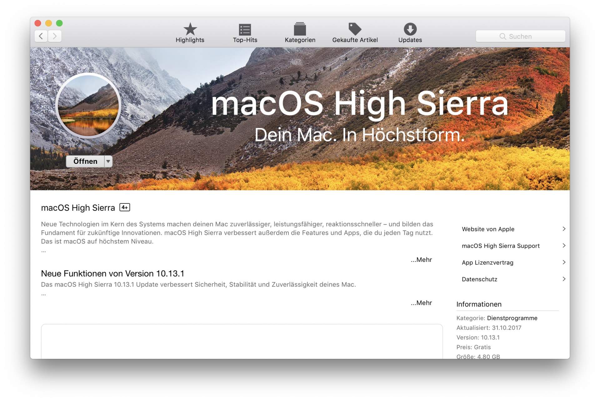 Zunächst müsst Ihr MacOS High Sierra aus dem AppStore laden.