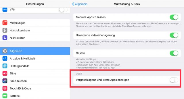 iOS 11 Dock-Einstellungen