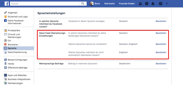 Facebook Spracheinstellungen