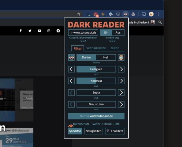 Dark Reader Optionen
