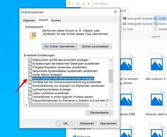 Windows 10 Ordneroptionen Symbole anzeigen