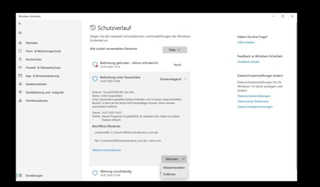 Windows 10 Sicherheit Schutzverlauf