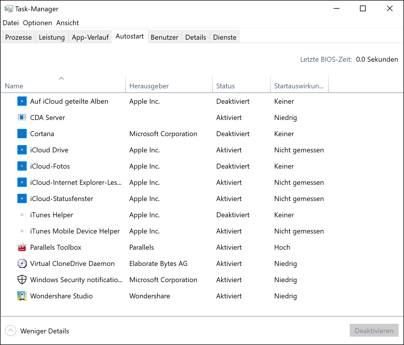 Der Task-Manager von Windows 10 zeigt alle Autostart-Programme an.