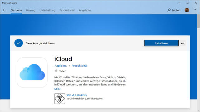 iCloud für Windows kann bequem über den Microsoft-Store installiert werden.