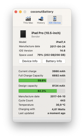 Coconut Battery am Mac verrät: Noch über 80% Kapazität des Akkus!