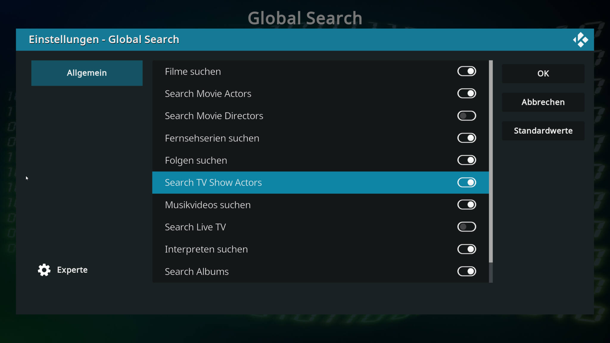 addon-einstellungen in kodi 19 von global search.