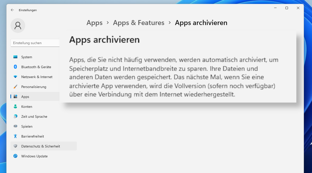 dialog zum deaktivieren der automatischen app-archivierung in windows 11.