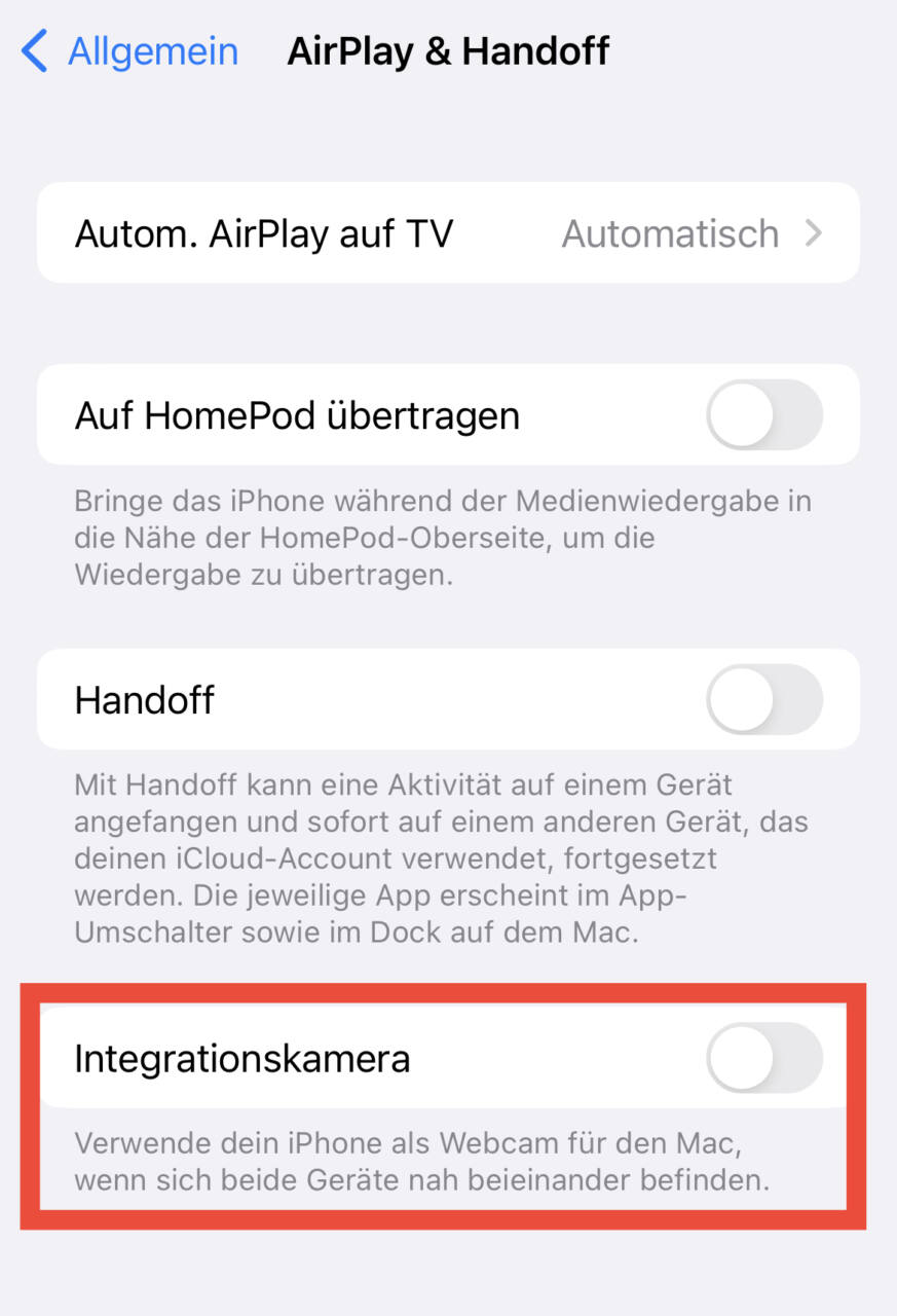 iPhone Integrationskamera abschalten iOS 16