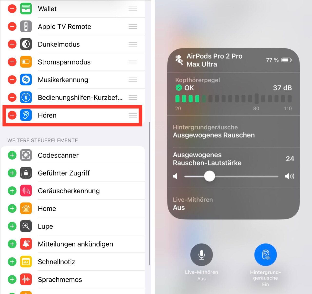 Weißes Rauschen iPhone Kontrollzentrum Hintergrundgeräusche