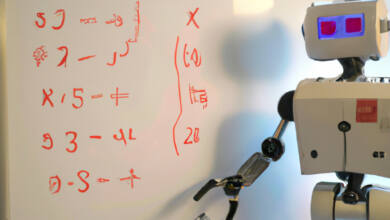 Ein Roboter, der Mathematik lehrt. Und nein, das ist kein Foto. (Bild: Christian Rentrop/Dall-E2)