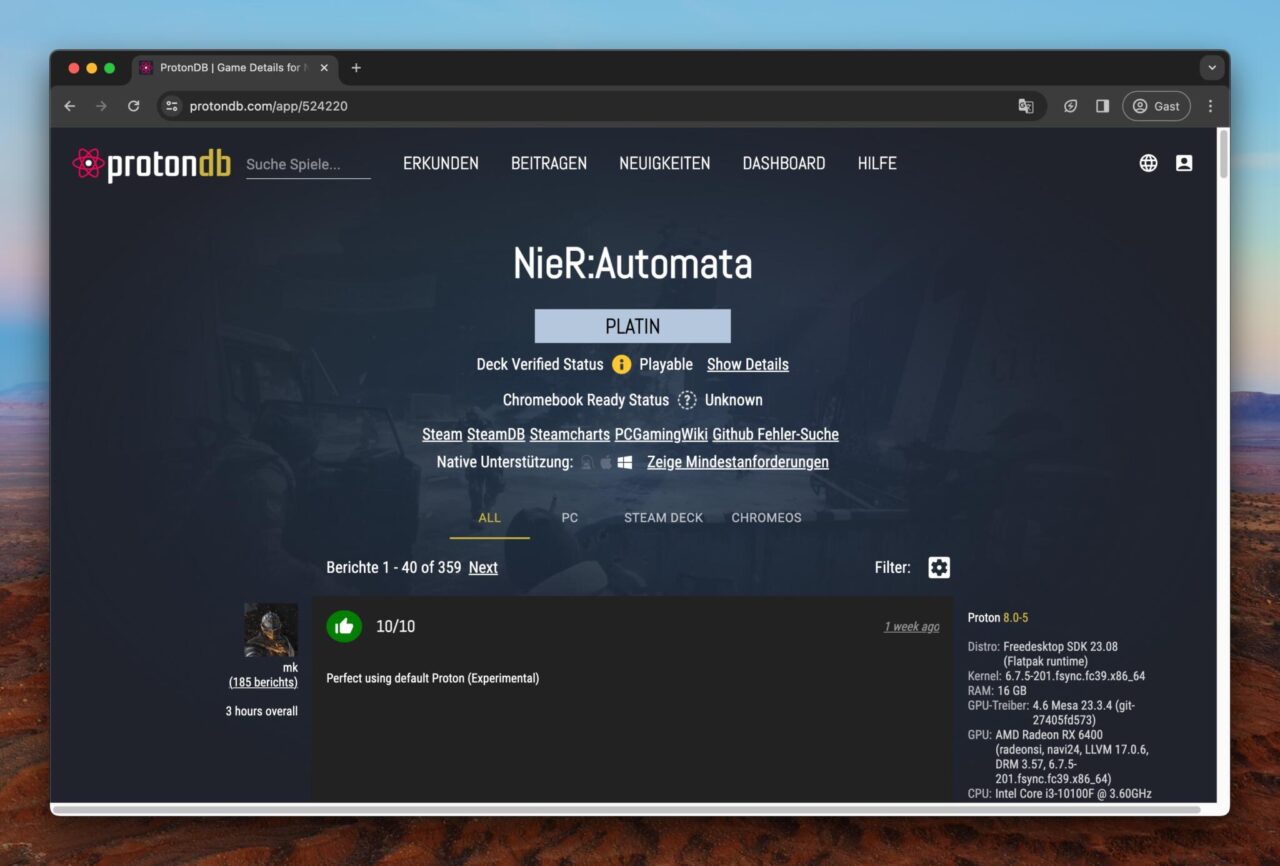 Spiele auf dem Steam Deck in der Proton DB.