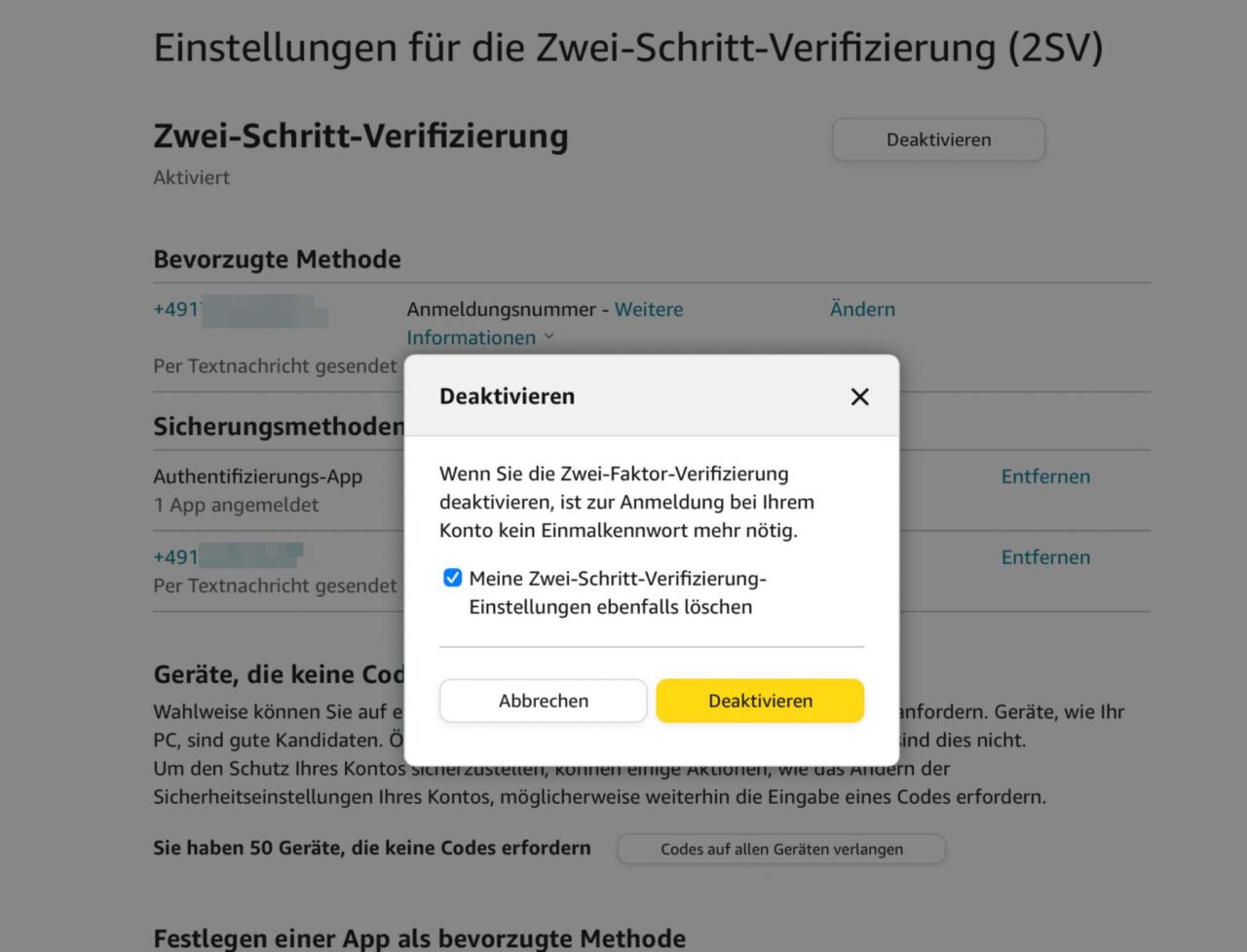 Amazon: Zwei-Schritte-Verifizierung deaktivieren.