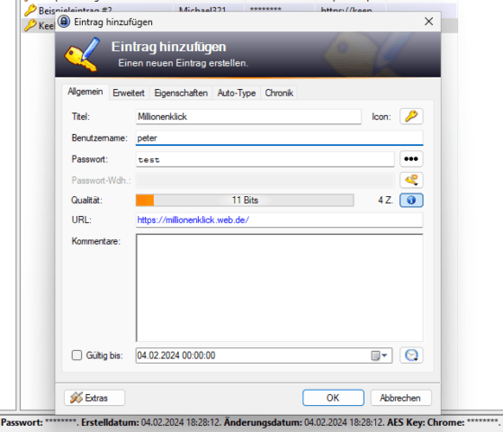 keepass-screenshot eines neuen logins.