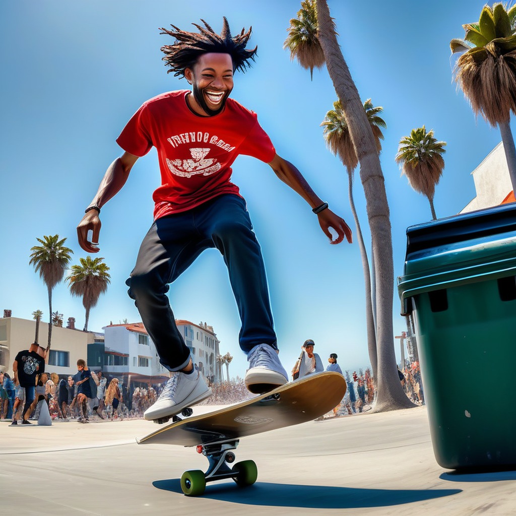 KI-generiertes Bild von einem Skateboarder. Da der ganze Artikel eine Gallerie ist, kommen keine weiteren Alt-Texte.