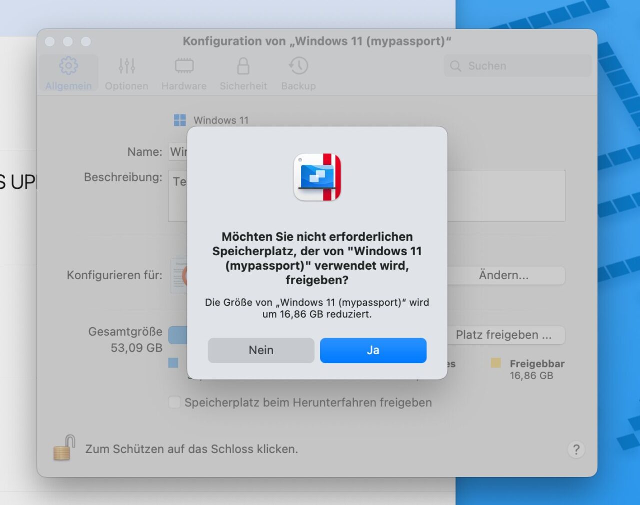 Parallels virtuelle Maschine Speicher freigeben.