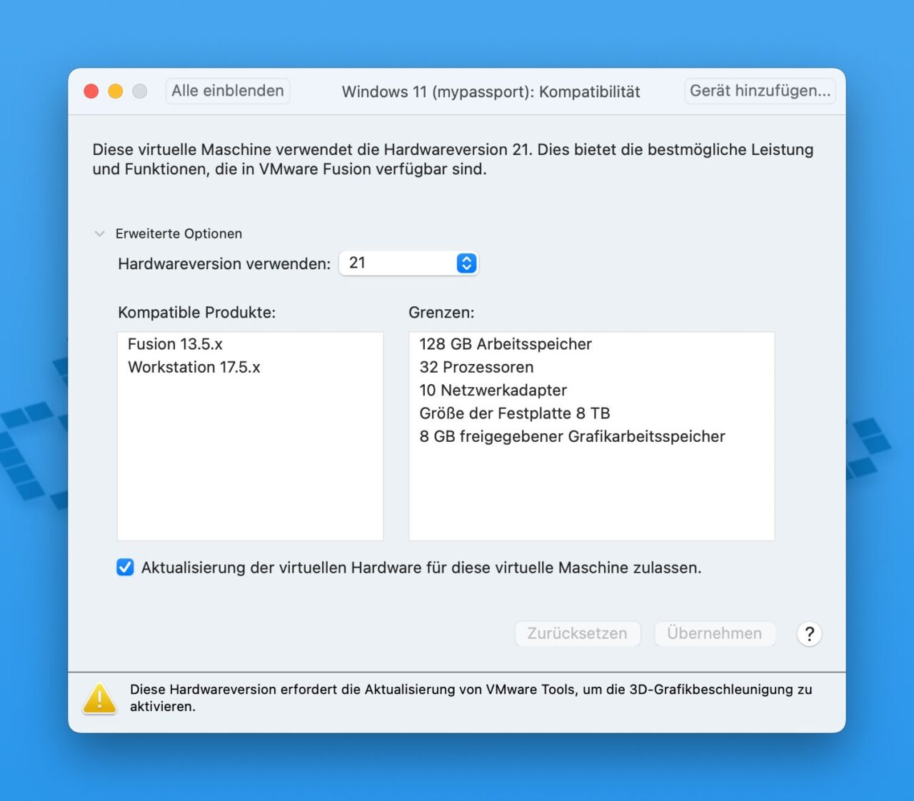 VMWare Hardwarerevision aktualisieren.