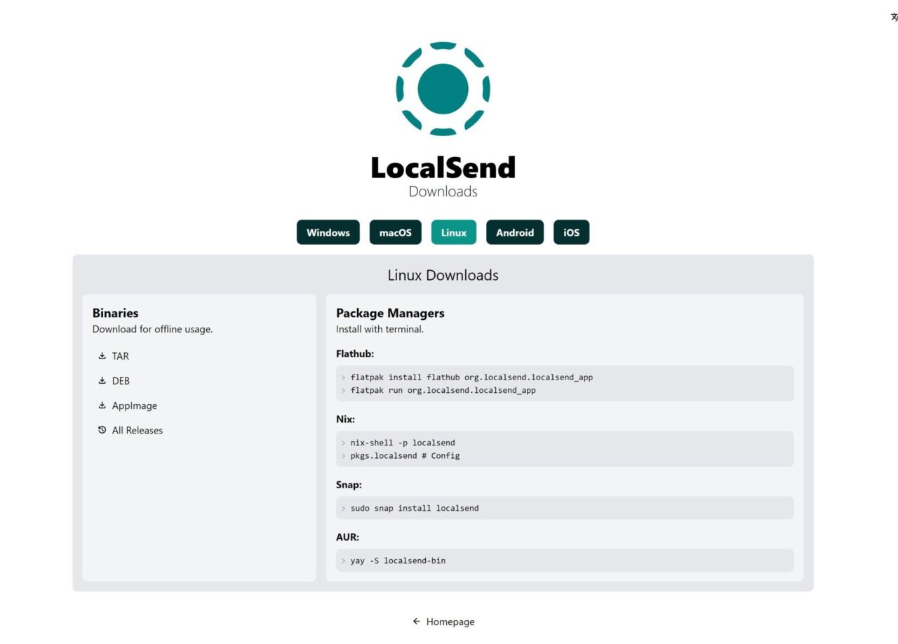 LocalSend Download-Optionen.