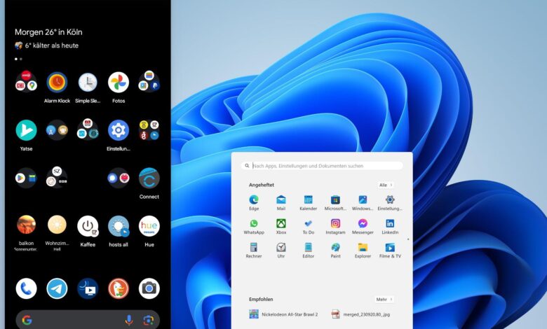 einstiegsbild mit android-screen, gespiegelt auf windows-desktop.