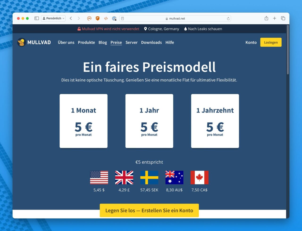 Mullvad Preismodell.