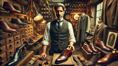 Ein Schuhmacher, der wegen Geschäftsaufgabe teure Waren mit dicken Rabatten feilbietet. KI-generiert. Wie in vielen Shops.