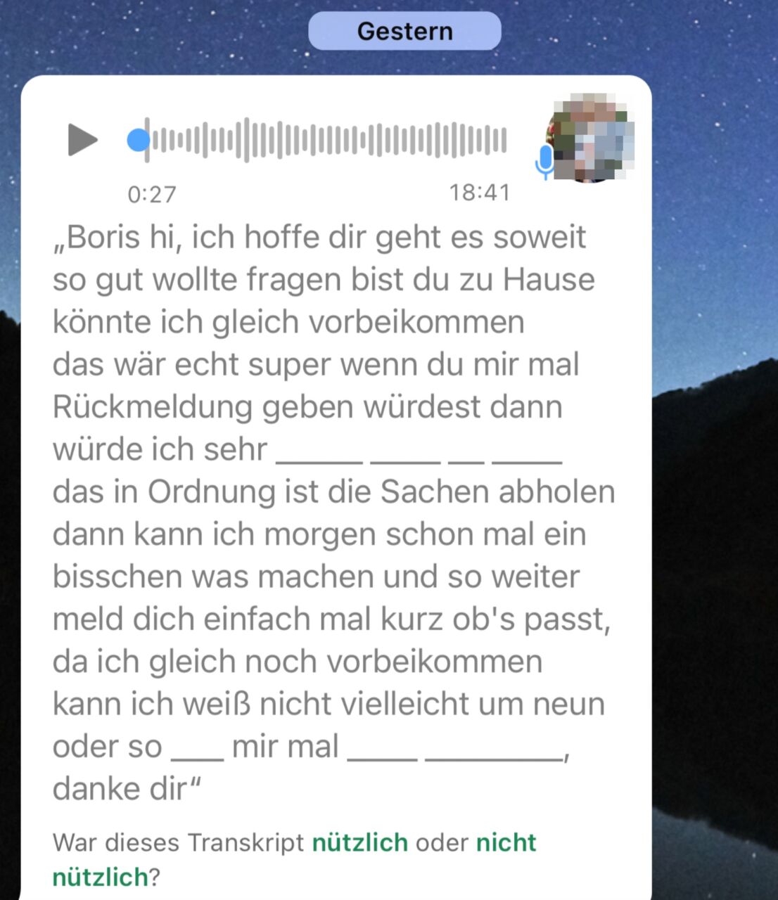 WhatsApp Audio zu Text Ergebnis.