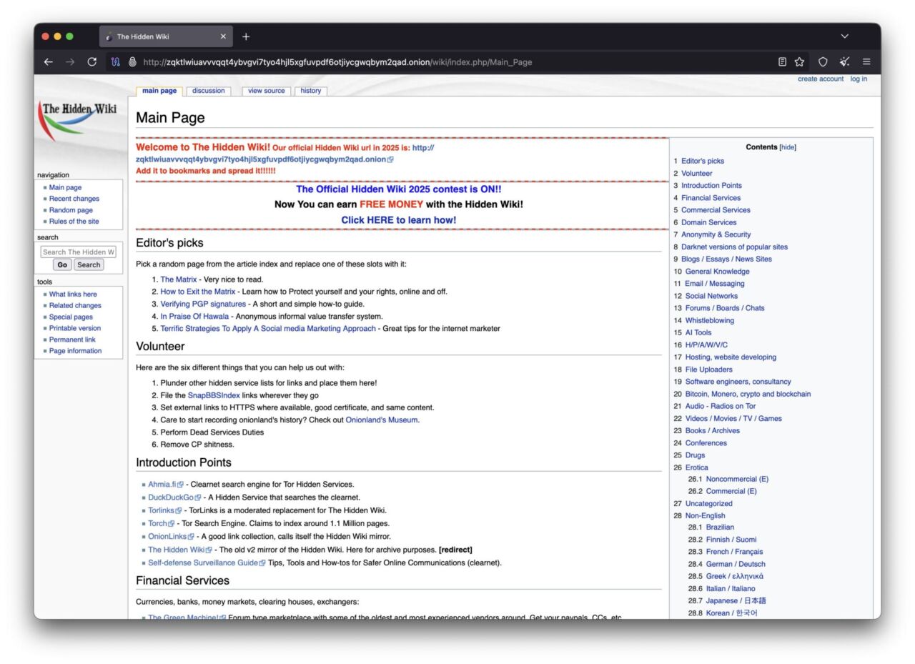 Hidden Wiki im Tor-Browser, Startseite.