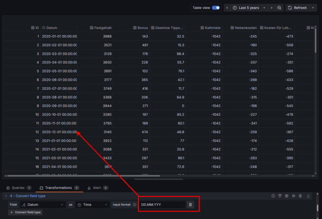 grafana erkennt datum nicht als solches.