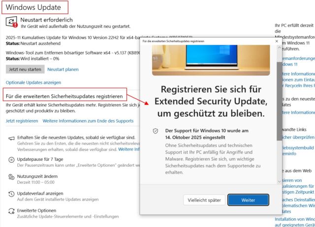 windows update und link zu erweitertem support.