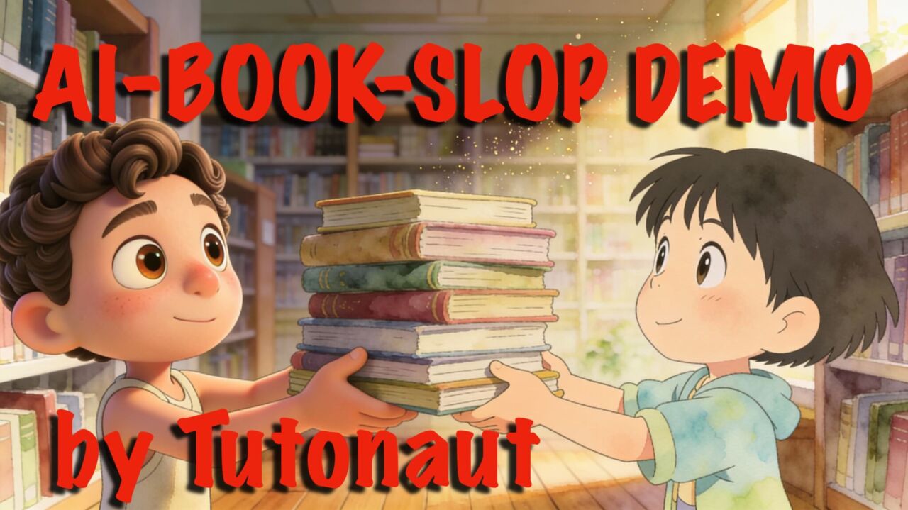 KI-Slop-Demo: Ein Pixar-Junge reicht einem Studio-Ghibli-Jungen Bücher in einer sonnigen Bibliothek.