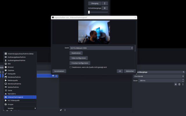 quelle in obs konfigurieren, webcam.